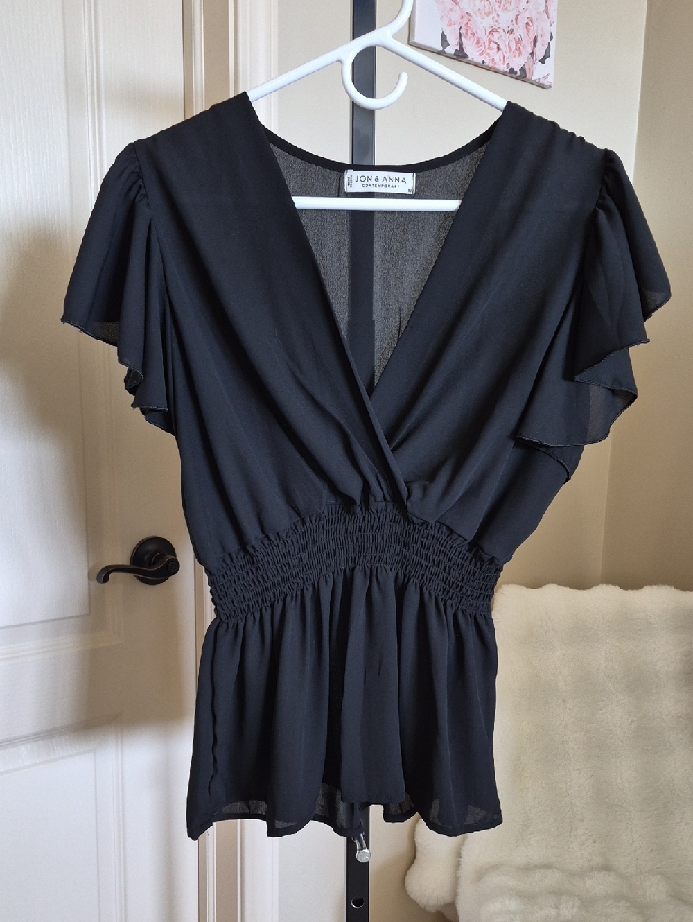 Jon & Anna Black Flutter Sleeve Smocked Waist V-Neck Top Size M